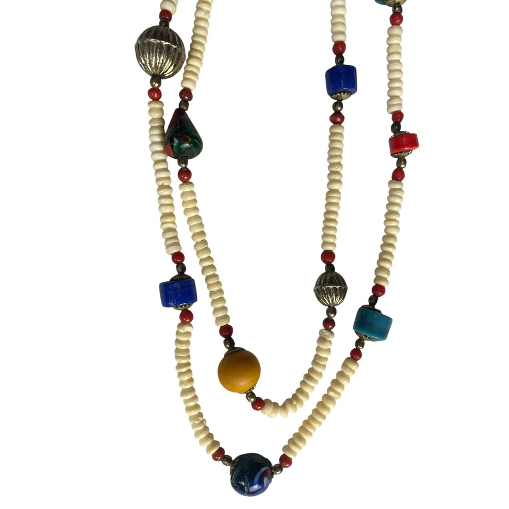 Vintage Multi Strand Necklace‎ Colorful Beads Cream Bohemian, Artsy, Layering